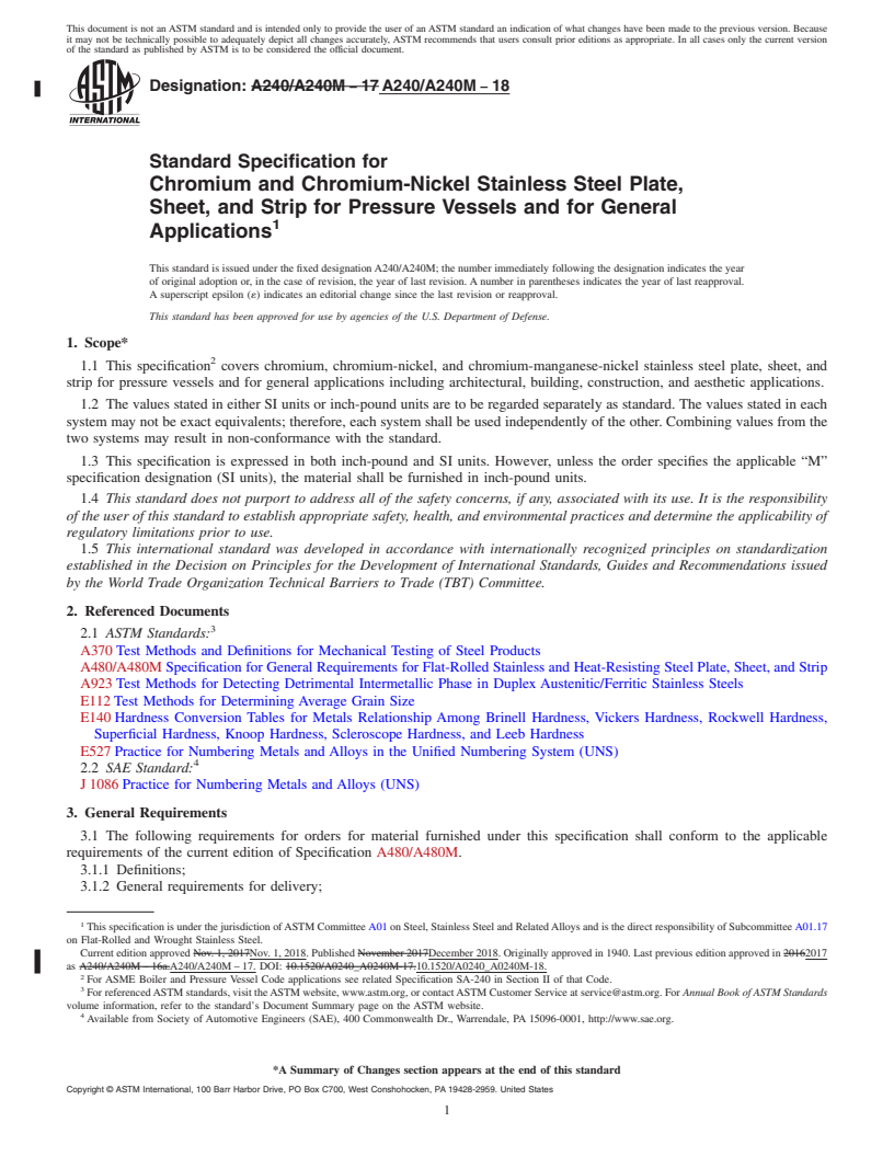 REDLINE ASTM A240/A240M-18 - Standard Specification for  Chromium and Chromium-Nickel Stainless Steel Plate, Sheet,  and Strip for Pressure Vessels and for General Applications