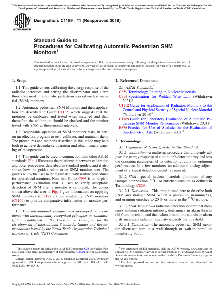 ASTM C1189-11(2018) - Standard Guide to  Procedures for Calibrating Automatic Pedestrian SNM Monitors