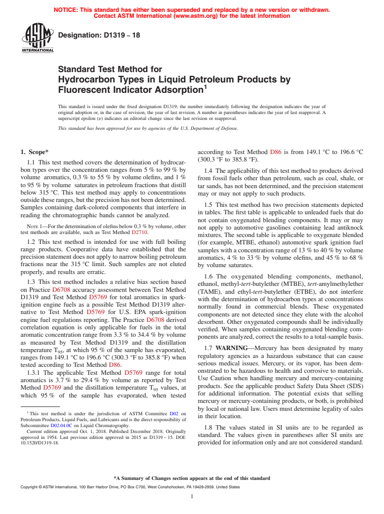 ASTM D1319-18 - Standard Test Method for Hydrocarbon Types in Liquid Petroleum Products by Fluorescent   Indicator Adsorption