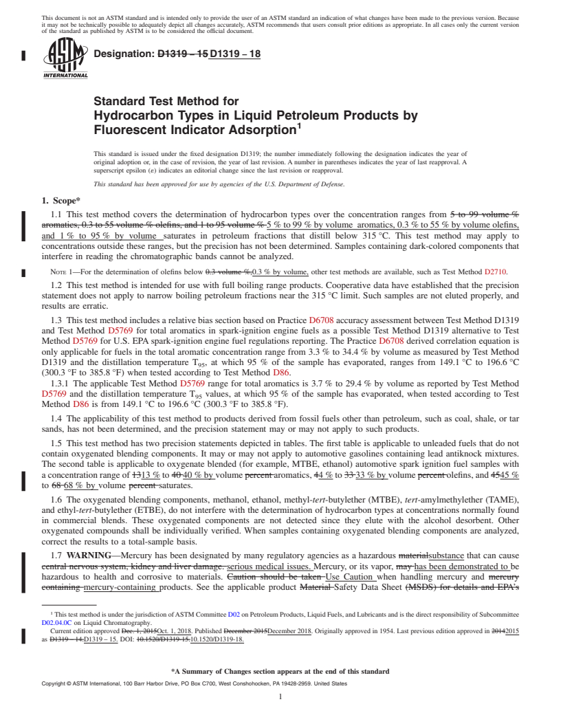 REDLINE ASTM D1319-18 - Standard Test Method for Hydrocarbon Types in Liquid Petroleum Products by Fluorescent   Indicator Adsorption