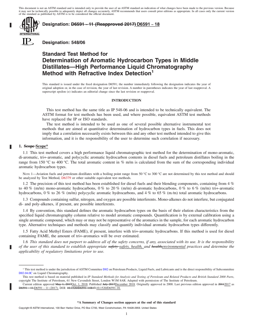 REDLINE ASTM D6591-18 - Standard Test Method for  Determination of Aromatic Hydrocarbon Types in Middle Distillates&#x2014;High   Performance Liquid Chromatography Method with Refractive Index Detection