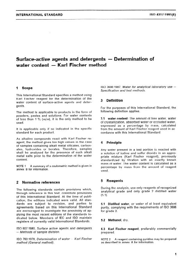 ISO 4317:1991 - Surface-active agents and detergents -- Determination of water content -- Karl Fischer method