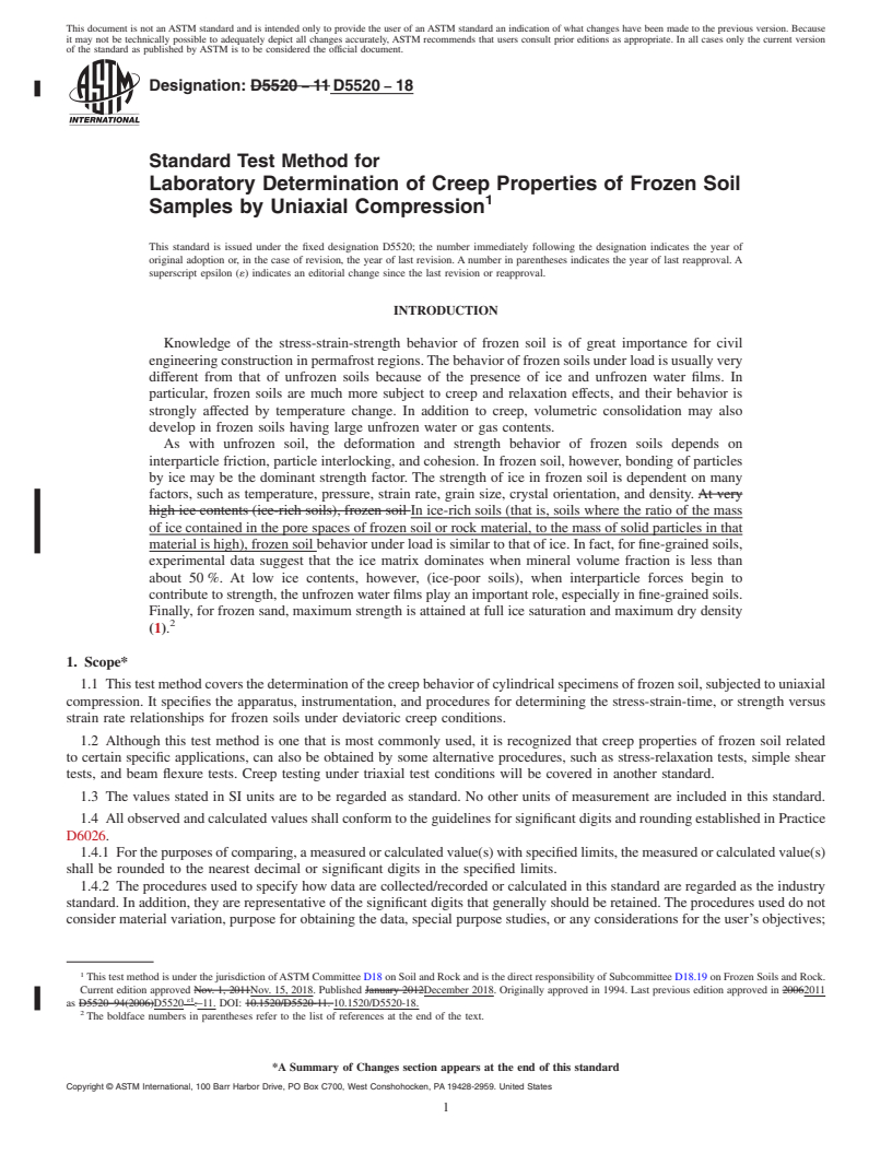 REDLINE ASTM D5520-18 - Standard Test Method for  Laboratory Determination of Creep Properties of Frozen Soil  Samples by Uniaxial Compression