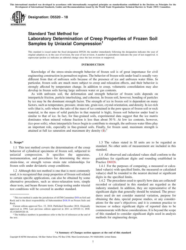 ASTM D5520-18 - Standard Test Method for  Laboratory Determination of Creep Properties of Frozen Soil  Samples by Uniaxial Compression