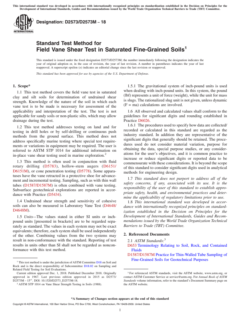ASTM D2573/D2573M-18 - Standard Test Method for  Field Vane Shear Test in Saturated Fine-Grained Soils
