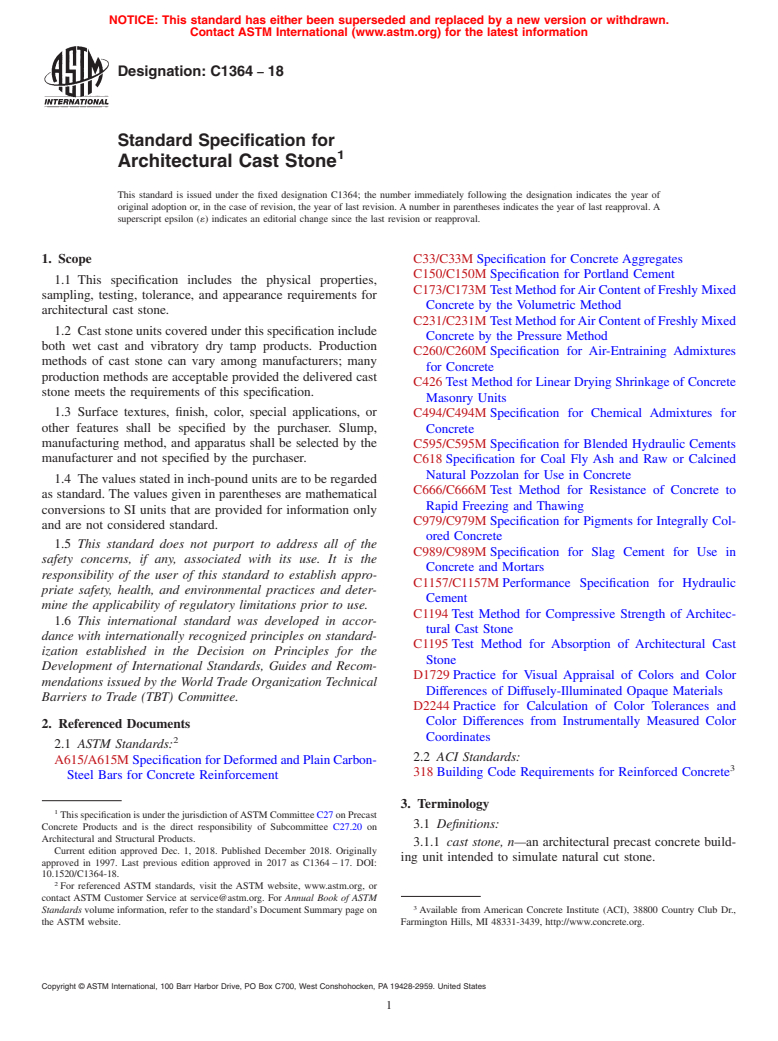 ASTM C1364-18 - Standard Specification for Architectural Cast Stone