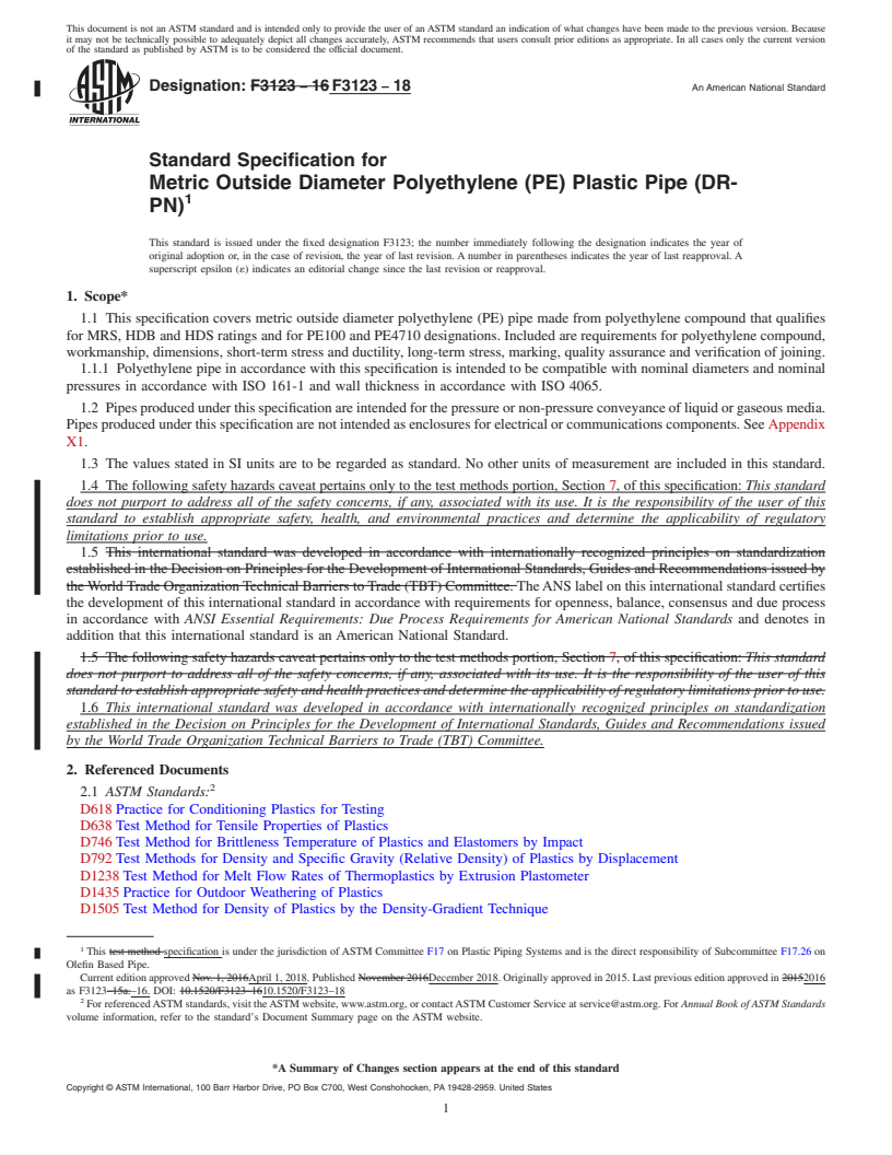 REDLINE ASTM F3123-18 - Standard Specification for Metric Outside Diameter Polyethylene (PE) Plastic Pipe (DR-PN)