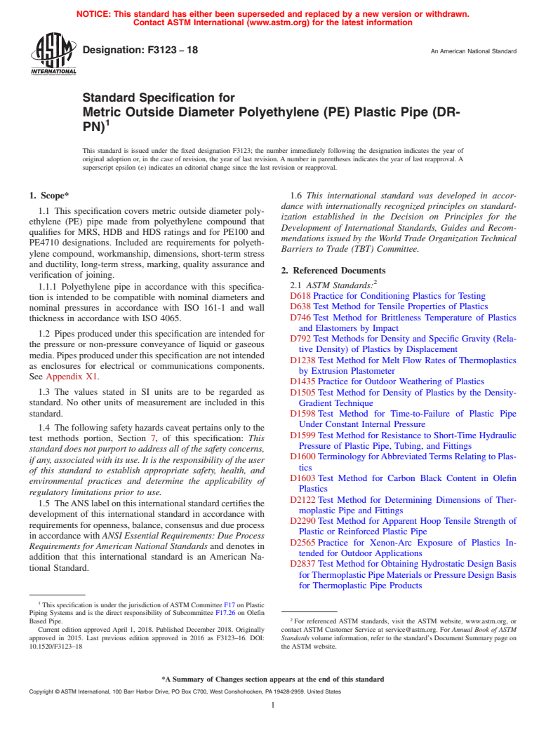 ASTM F3123-18 - Standard Specification for Metric Outside Diameter Polyethylene (PE) Plastic Pipe (DR-PN)