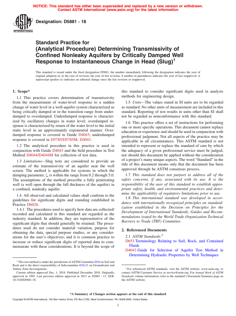 ASTM D5881-18 - Standard Practice for (Analytical Procedure) Determining Transmissivity of Confined  Nonleaky Aquifers by Critically Damped Well Response to Instantaneous  Change in Head (Slug)