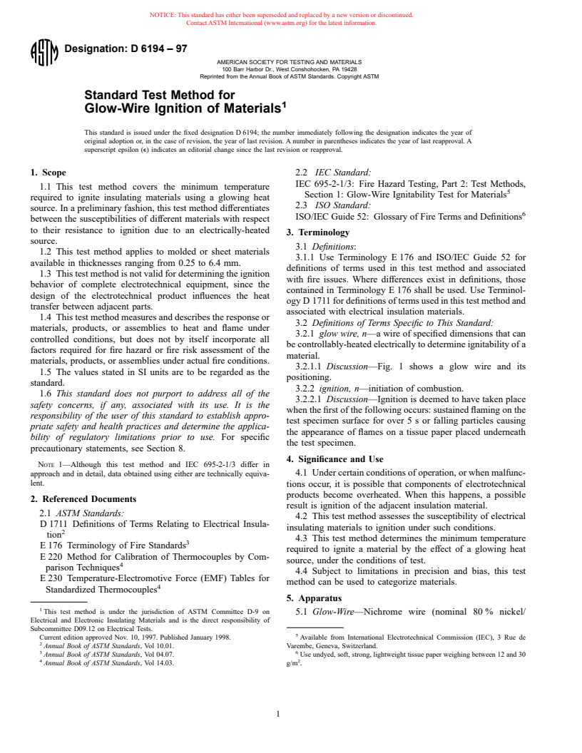 ASTM D6194-97 - Standard Test Method for Glow-Wire Ignition of Materials