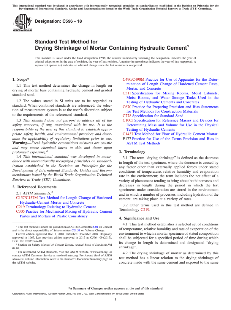 ASTM C596-18 - Standard Test Method for  Drying Shrinkage of Mortar Containing Hydraulic Cement
