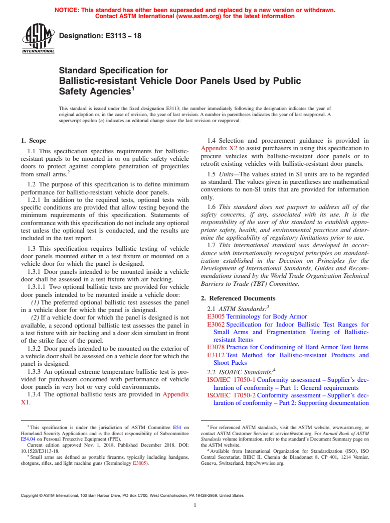 ASTM E3113-18 - Standard Specification for Ballistic-resistant Vehicle Door Panels Used by Public Safety  Agencies