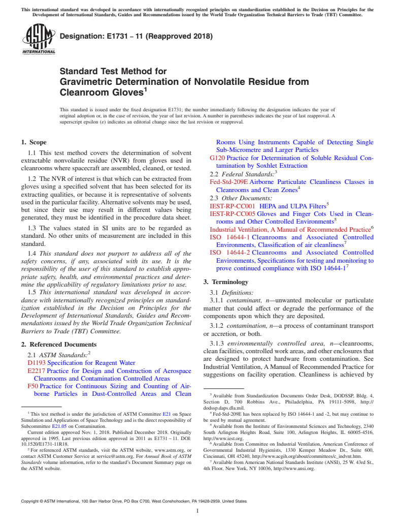 ASTM E1731-11(2018) - Standard Test Method for Gravimetric Determination of Nonvolatile Residue from Cleanroom  Gloves