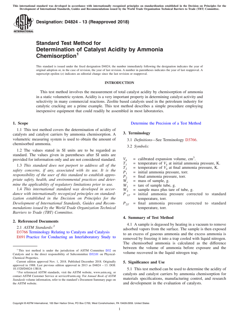 ASTM D4824-13(2018) - Standard Test Method for  Determination of Catalyst Acidity by Ammonia Chemisorption