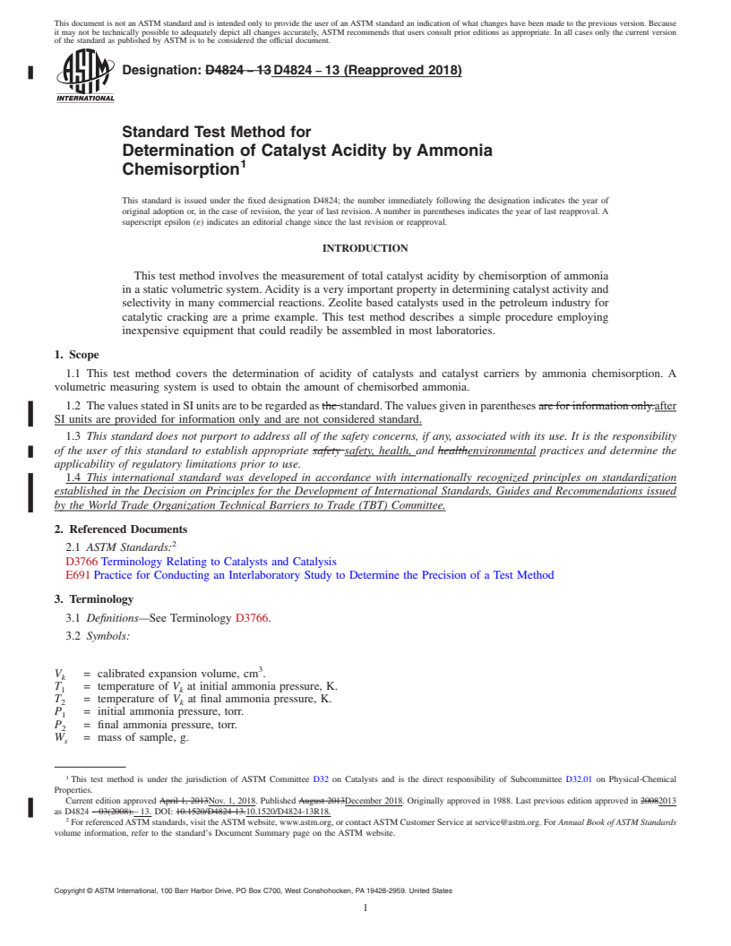 REDLINE ASTM D4824-13(2018) - Standard Test Method for  Determination of Catalyst Acidity by Ammonia Chemisorption