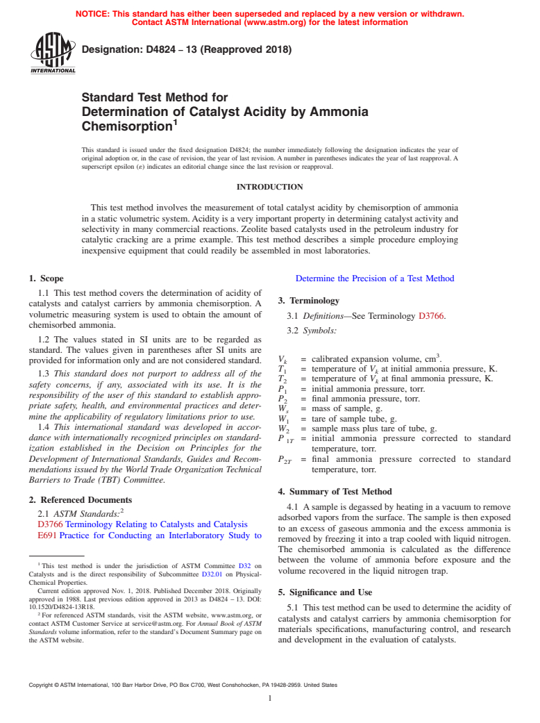 ASTM D4824-13(2018) - Standard Test Method for  Determination of Catalyst Acidity by Ammonia Chemisorption