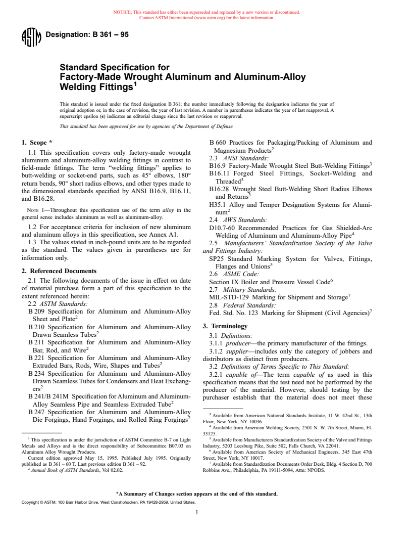 ASTM B361-95 - Standard Specification for Factory-Made Wrought Aluminum and Aluminum-Alloy Welding Fittings