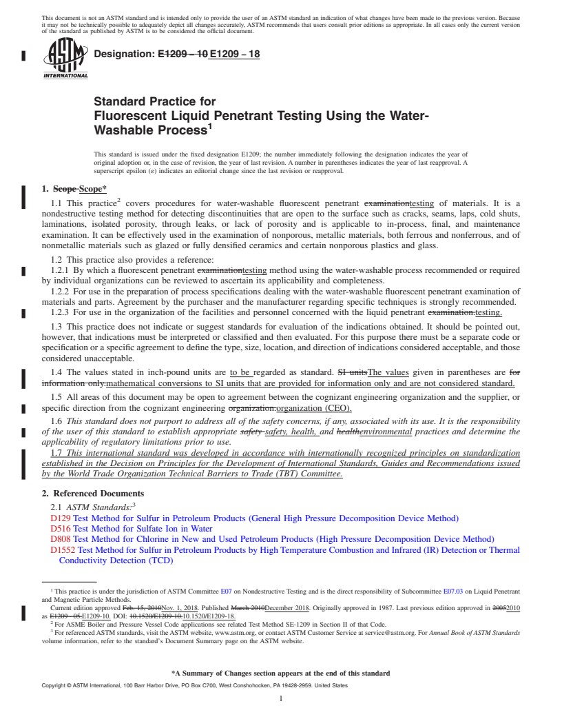 REDLINE ASTM E1209-18 - Standard Practice for  Fluorescent Liquid Penetrant Testing Using the Water-Washable  Process
