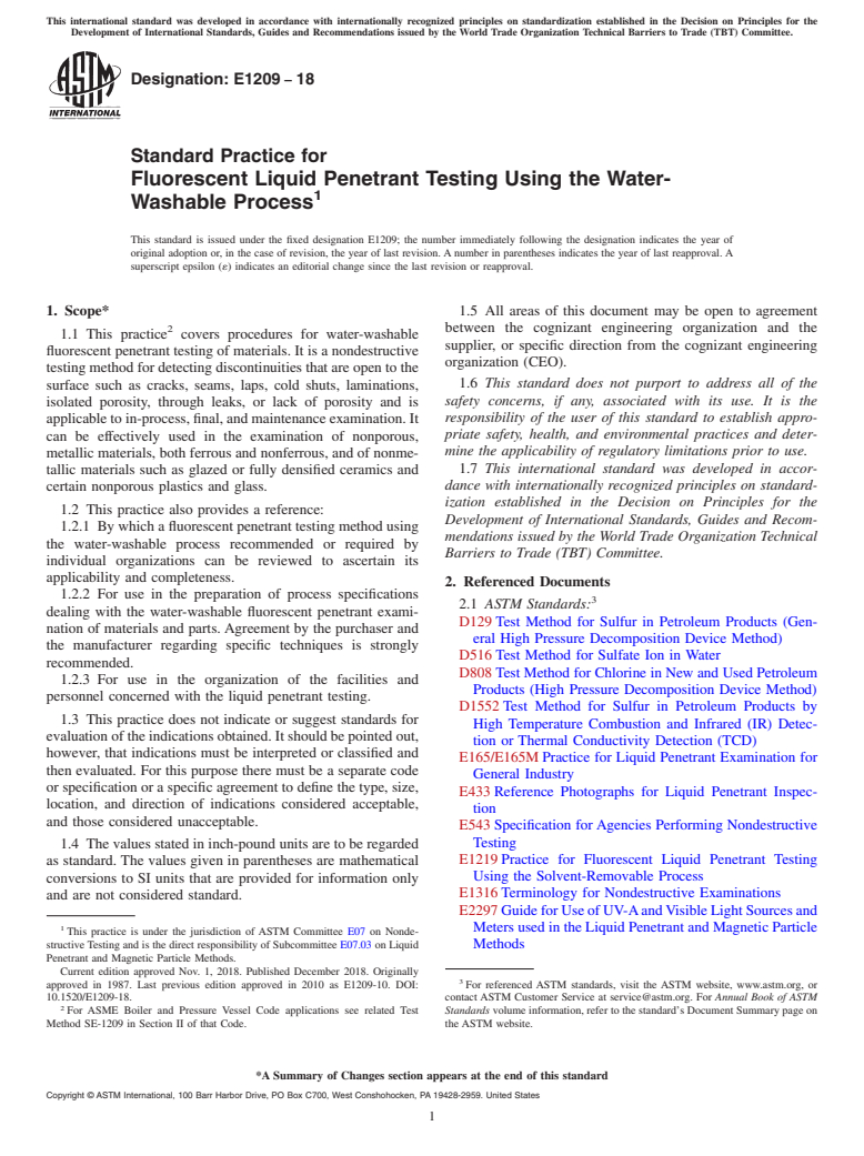 ASTM E1209-18 - Standard Practice for  Fluorescent Liquid Penetrant Testing Using the Water-Washable  Process
