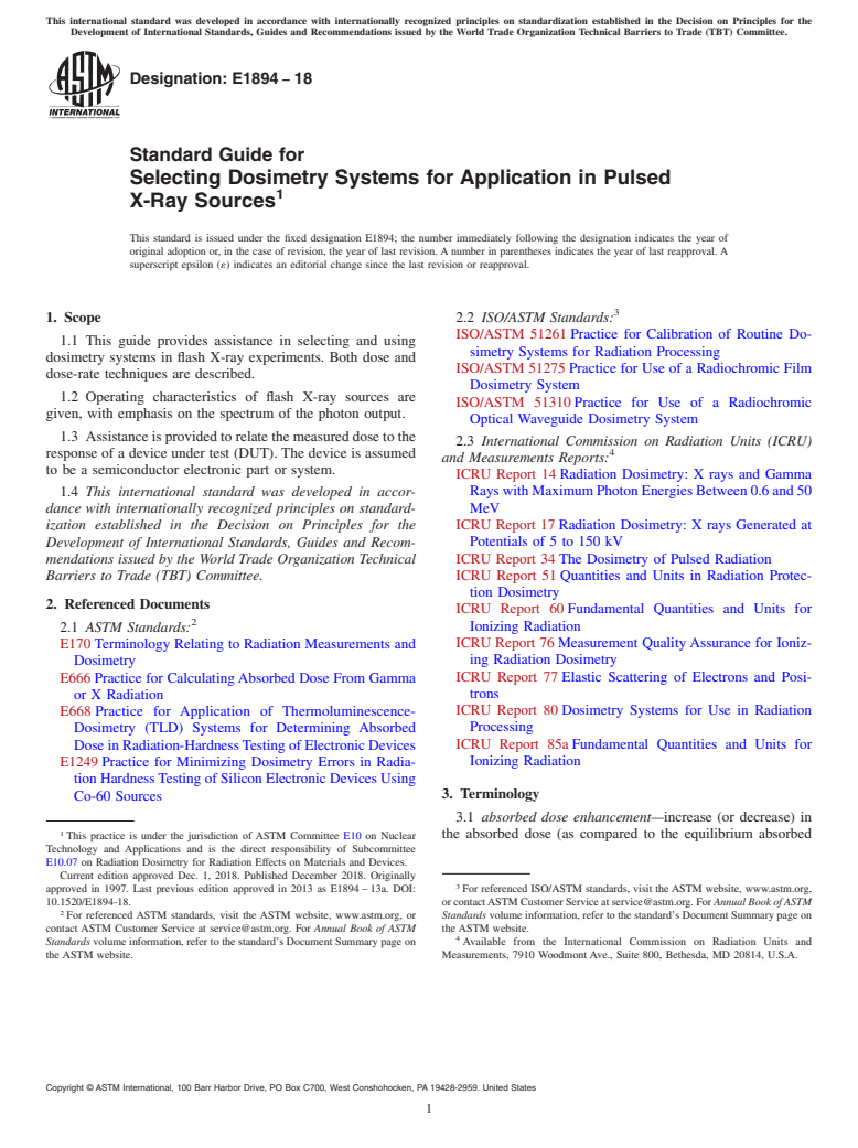 ASTM E1894-18 - Standard Guide for  Selecting Dosimetry Systems for Application in Pulsed X-Ray  Sources