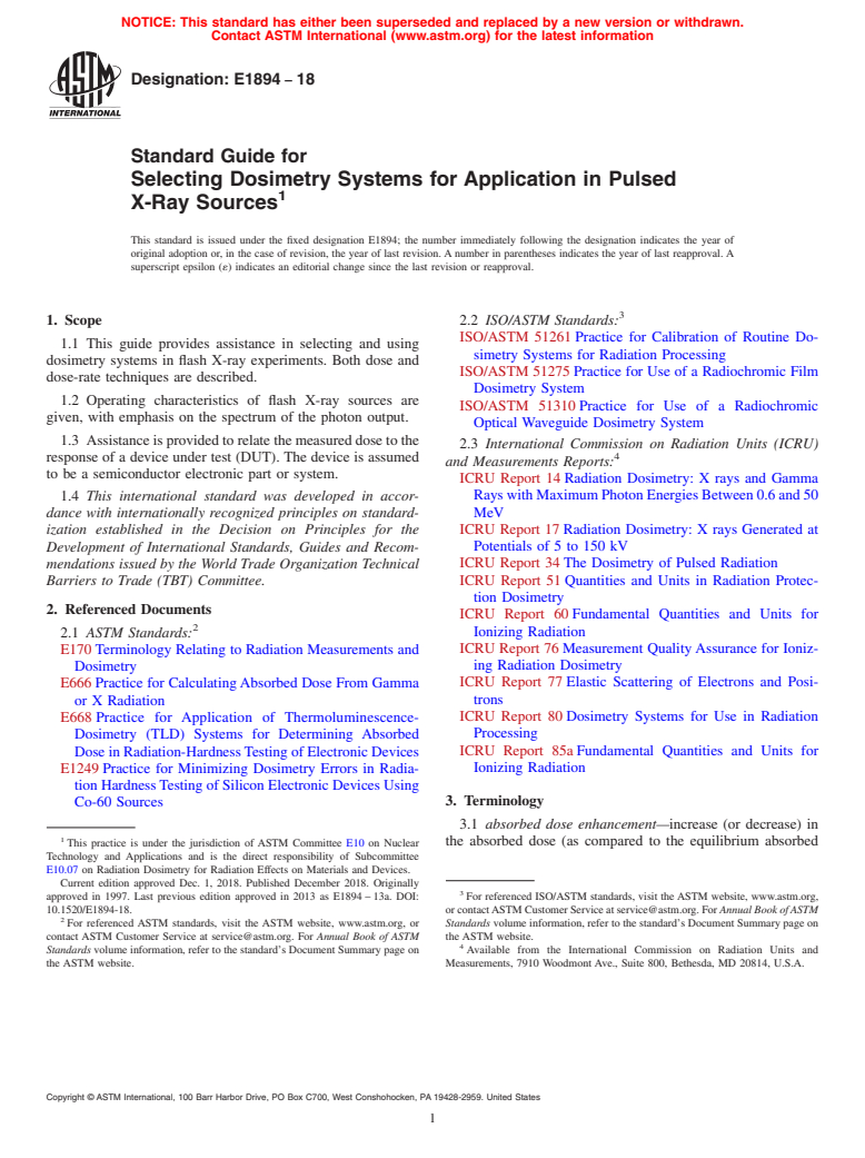 ASTM E1894-18 - Standard Guide for  Selecting Dosimetry Systems for Application in Pulsed X-Ray  Sources