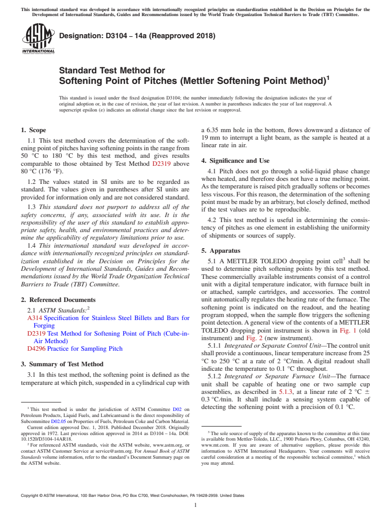 ASTM D3104-14a(2018) - Standard Test Method for  Softening Point of Pitches (Mettler Softening Point Method)