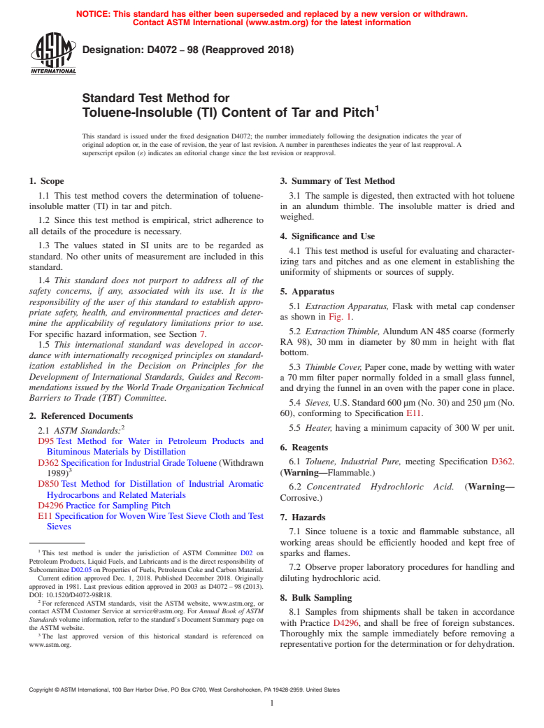 ASTM D4072-98(2018) - Standard Test Method for  Toluene-Insoluble (TI) Content of Tar and Pitch