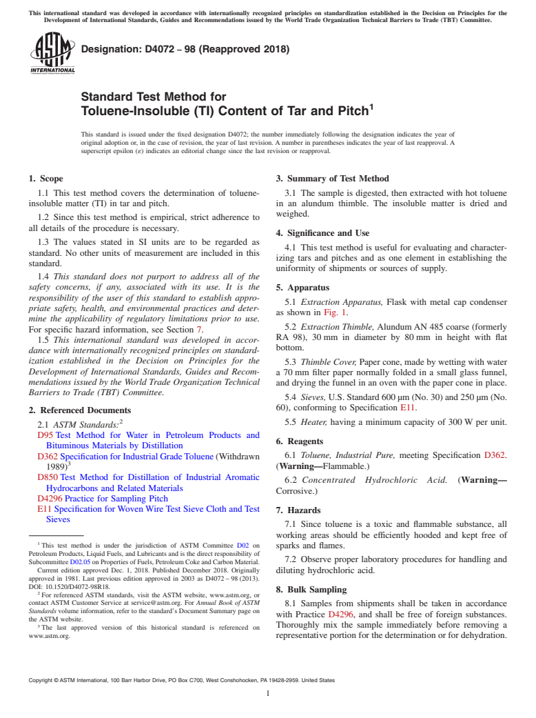 ASTM D4072-98(2018) - Standard Test Method for  Toluene-Insoluble (TI) Content of Tar and Pitch