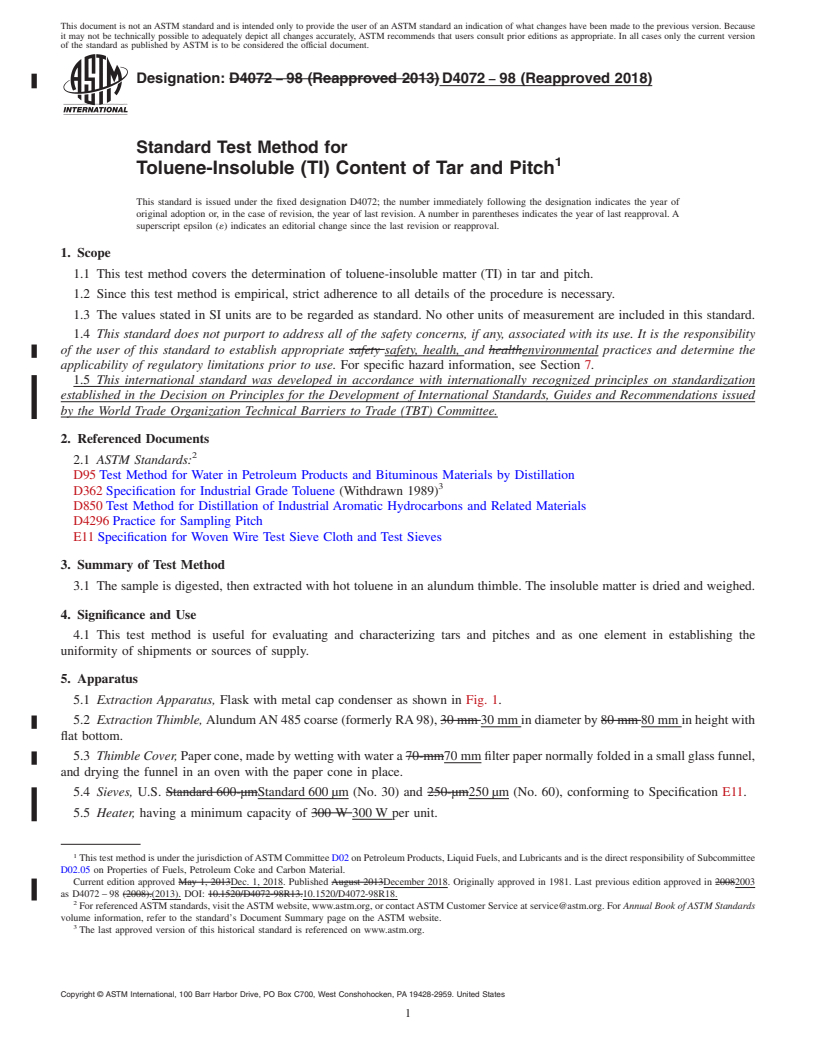 REDLINE ASTM D4072-98(2018) - Standard Test Method for  Toluene-Insoluble (TI) Content of Tar and Pitch