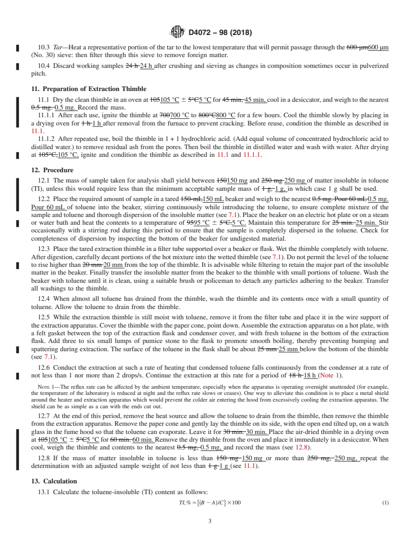 REDLINE ASTM D4072-98(2018) - Standard Test Method for  Toluene-Insoluble (TI) Content of Tar and Pitch