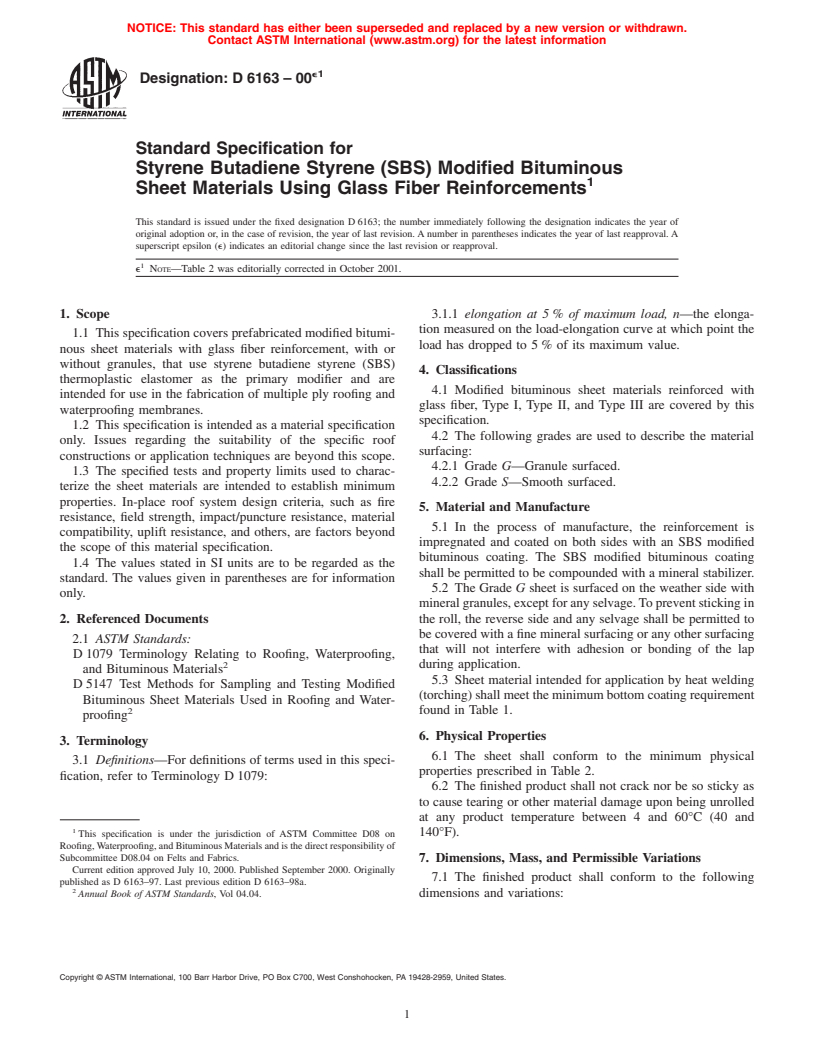 ASTM D6163-00e1 - Standard Specification for Styrene Butadiene Styrene (SBS) Modified Bituminous Sheet Materials Using Glass Fiber Reinforcements