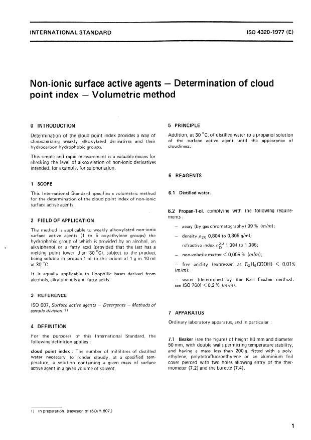 ISO 4320:1977 - Non-ionic surface active agents -- Determination of cloud point index -- Volumetric method