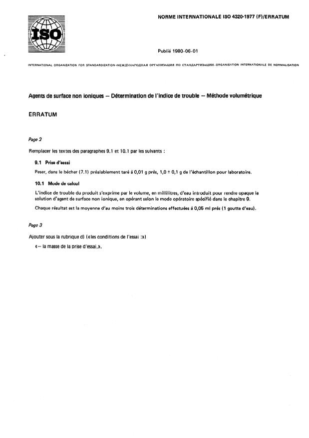 ISO 4320:1977 - Agents de surface non ioniques -- Détermination de l'indice de trouble -- Méthode volumétrique