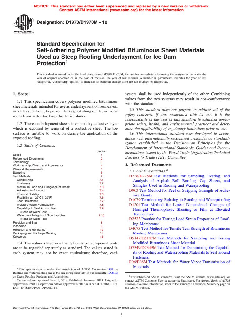 ASTM D1970/D1970M-18 - Standard Specification for  Self-Adhering Polymer Modified Bituminous Sheet Materials Used   as Steep Roofing Underlayment for Ice Dam Protection