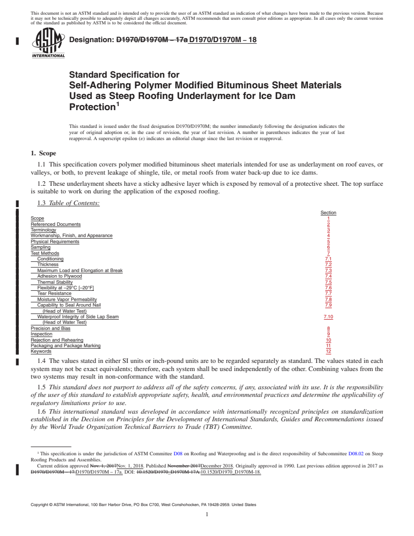 REDLINE ASTM D1970/D1970M-18 - Standard Specification for  Self-Adhering Polymer Modified Bituminous Sheet Materials Used   as Steep Roofing Underlayment for Ice Dam Protection