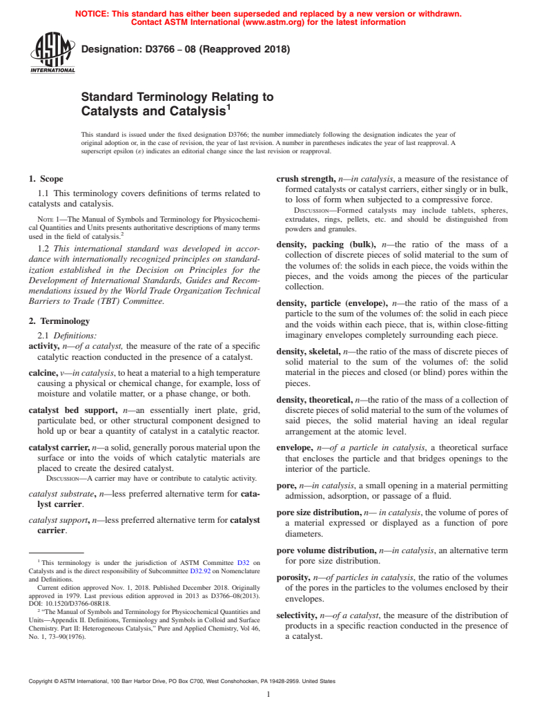 ASTM D3766-08(2018) - Standard Terminology Relating to  Catalysts and Catalysis