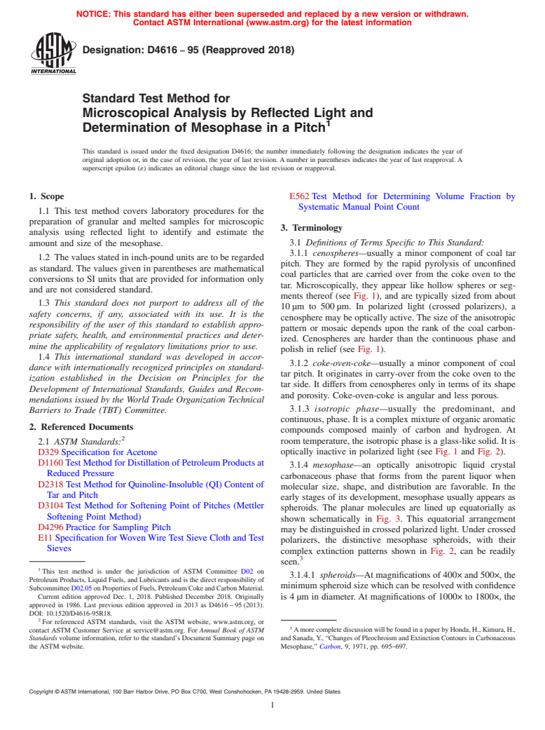 ASTM D4616-95(2018) - Standard Test Method for Microscopical Analysis by Reflected Light and Determination  of Mesophase in a Pitch