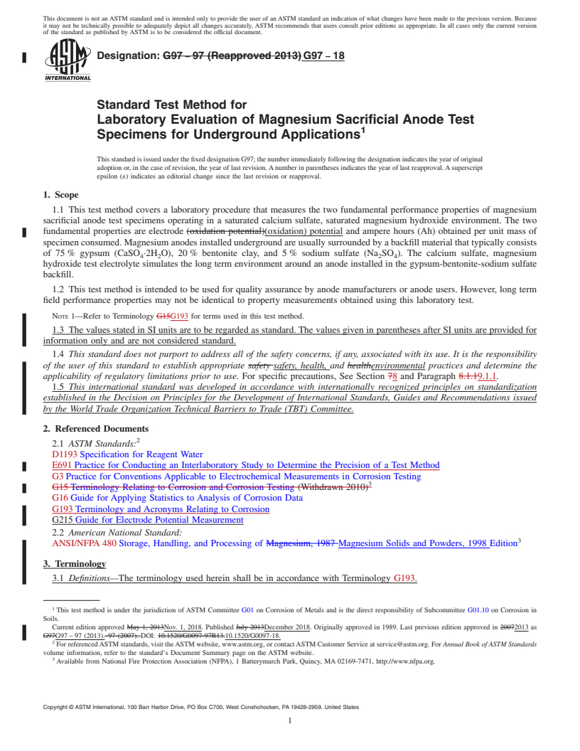 REDLINE ASTM G97-18 - Standard Test Method for  Laboratory Evaluation of Magnesium Sacrificial Anode Test Specimens  for Underground Applications