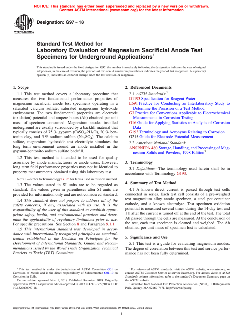 ASTM G97-18 - Standard Test Method for  Laboratory Evaluation of Magnesium Sacrificial Anode Test Specimens  for Underground Applications