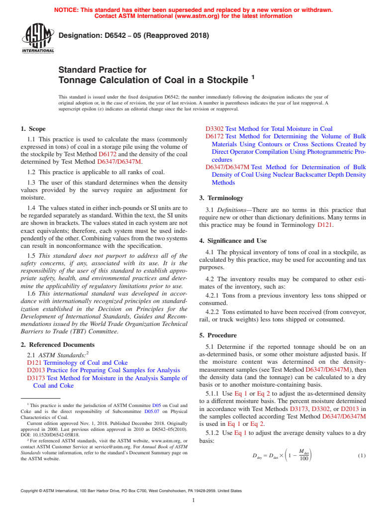 ASTM D6542-05(2018) - Standard Practice for  Tonnage Calculation of Coal in a Stockpile