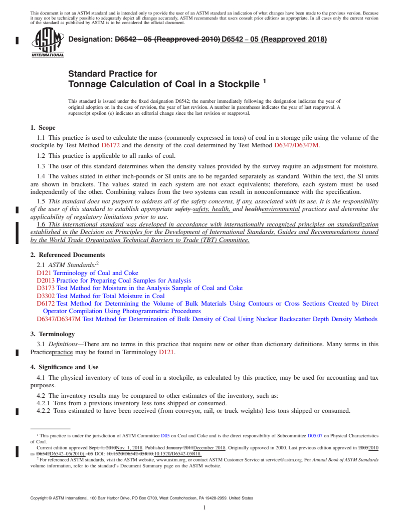 REDLINE ASTM D6542-05(2018) - Standard Practice for  Tonnage Calculation of Coal in a Stockpile