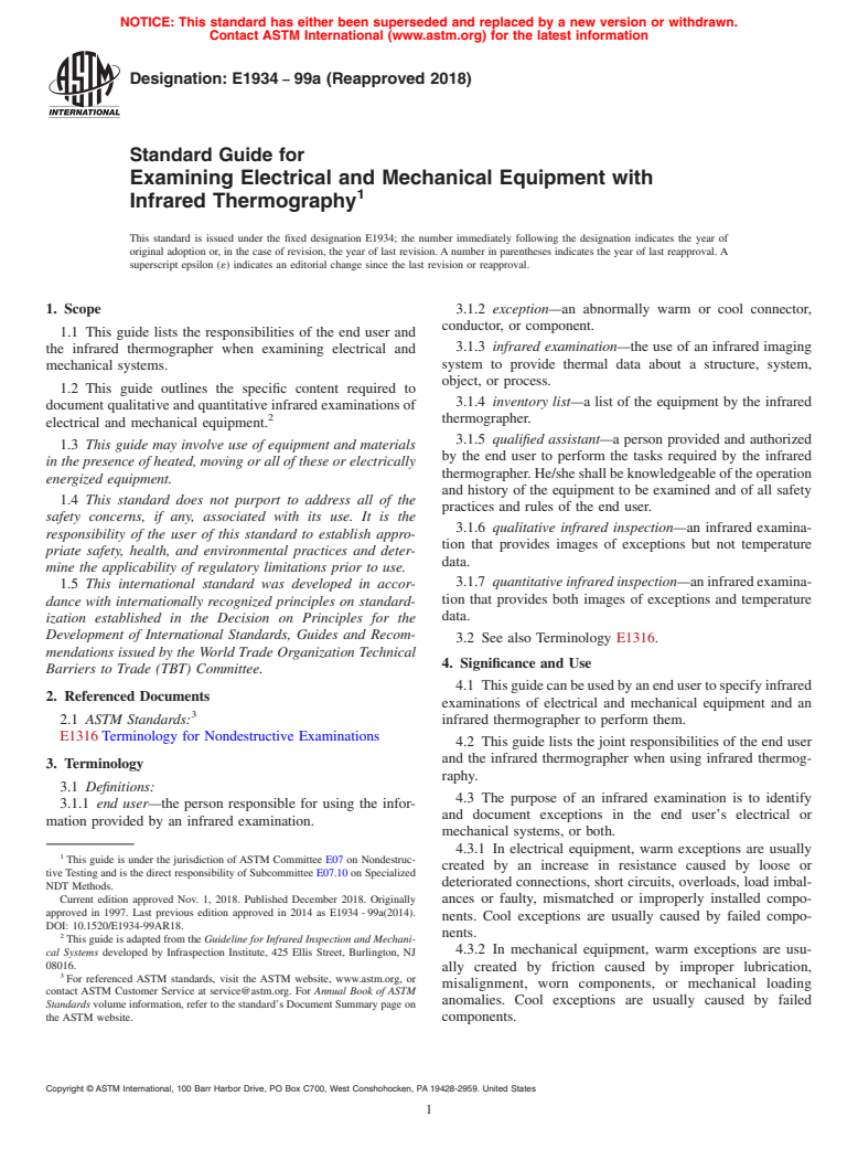 ASTM E1934-99a(2018) - Standard Guide for  Examining Electrical and Mechanical Equipment with Infrared  Thermography