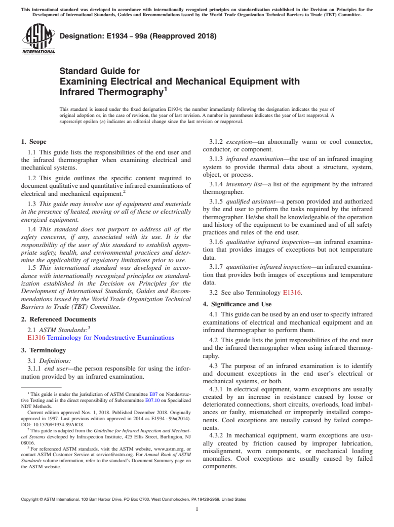 ASTM E1934-99a(2018) - Standard Guide for  Examining Electrical and Mechanical Equipment with Infrared  Thermography