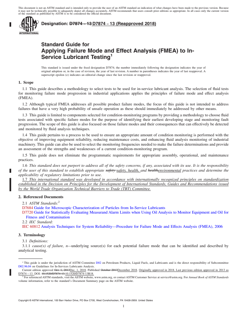 REDLINE ASTM D7874-13(2018) - Standard Guide for Applying Failure Mode and Effect Analysis (FMEA) to In-Service  Lubricant Testing