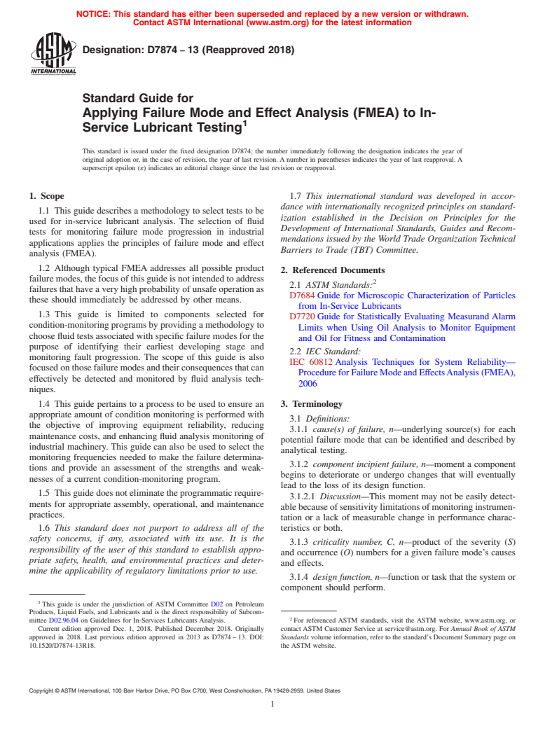 ASTM D7874-13(2018) - Standard Guide for Applying Failure Mode and Effect Analysis (FMEA) to In-Service  Lubricant Testing