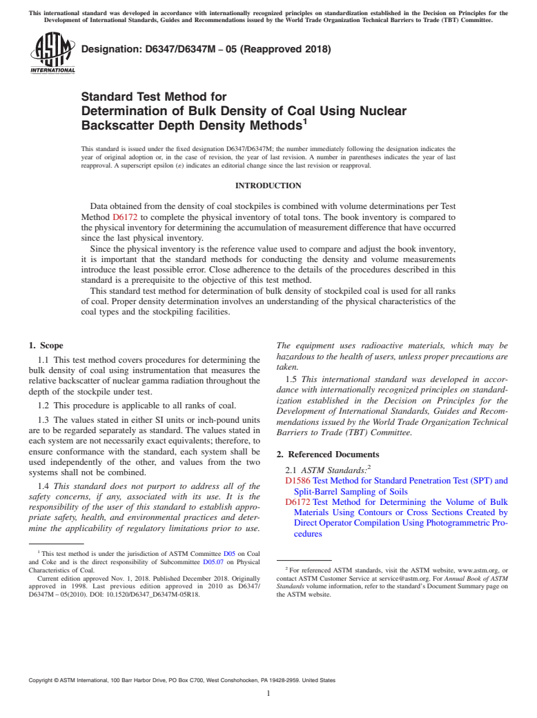 ASTM D6347/D6347M-05(2018) - Standard Test Method for  Determination of Bulk Density of Coal Using Nuclear Backscatter  Depth Density Methods