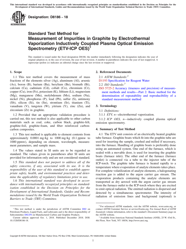 ASTM D8186-18 - Standard Test Method for Measurement of Impurities in Graphite by Electrothermal Vaporization  Inductively Coupled Plasma Optical Emission Spectrometry (ETV-ICP  OES)