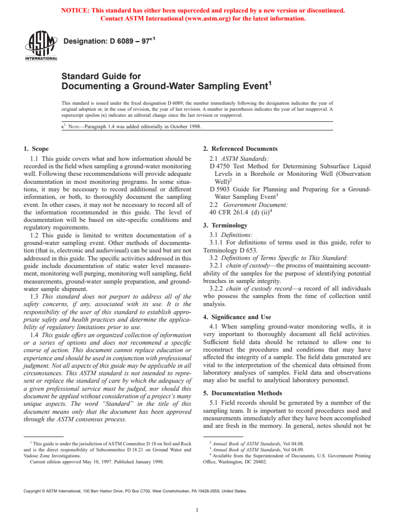 ASTM D6089-97e1 - Standard Guide for Documenting a Ground-Water Sampling Event