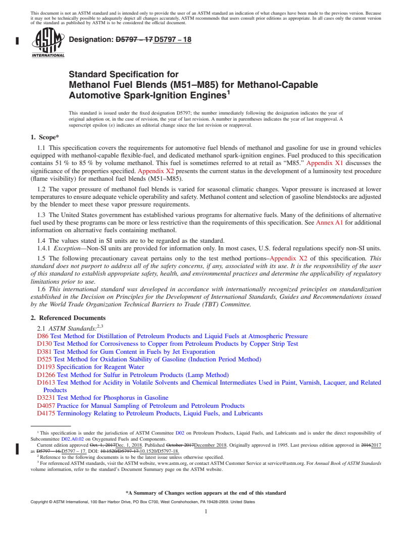 REDLINE ASTM D5797-18 - Standard Specification for  Methanol Fuel Blends (M51&#x2013;M85) for Methanol-Capable  Automotive Spark-Ignition Engines