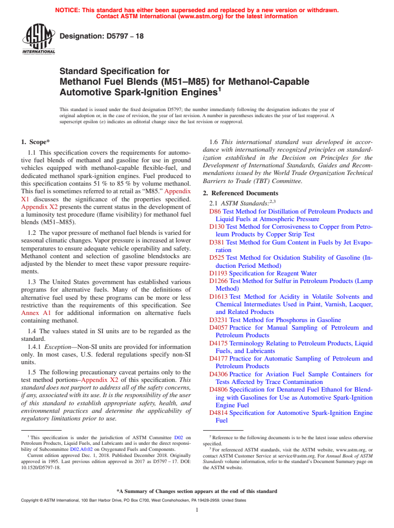 ASTM D5797-18 - Standard Specification for  Methanol Fuel Blends (M51&#x2013;M85) for Methanol-Capable  Automotive Spark-Ignition Engines